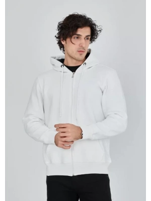 Unisex Tam Fermuarlı Kapşonlu  SweatShirt - Beyaz