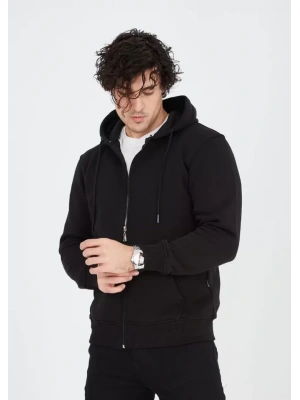 Unisex Tam Fermuarlı Kapşonlu  SweatShirt - Siyah