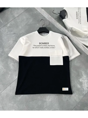 Unisex Torba Cep Detaylı  Parçalı T-Shirt - Siyah