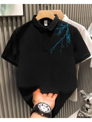 Unisex Yakası Düğmeli Oversize Baskılı T-Shirt - Siyah