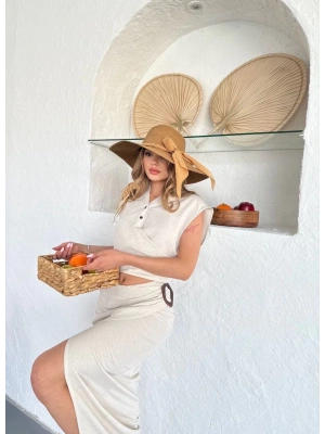 Uzun etekli bluz takım keten krem s255852