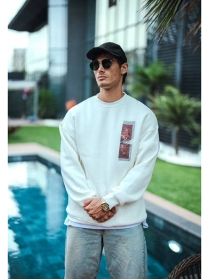 Uzun Kol Bisiklet Yaka Ön Ve Arka Baskılı SweatShirt - Beyaz