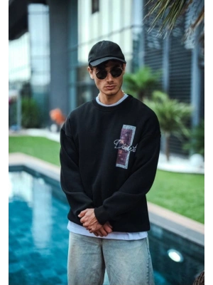 Uzun Kol Bisiklet Yaka Ön Ve Arka Baskılı SweatShirt - Siyah