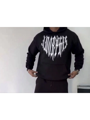 Uzun Kol Kapşonlu Baskılı SweatShirt - Siyah