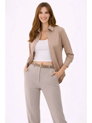 Uzun Kollu Gömlek Düğmeli Klasik Yaka Günlük Ve Ofis Şıklığına Uygun - Bej