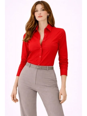 Uzun Kollu Gömlek Düğmeli Klasik Yaka Günlük Ve Ofis Şıklığına Uygun - Kırmızı