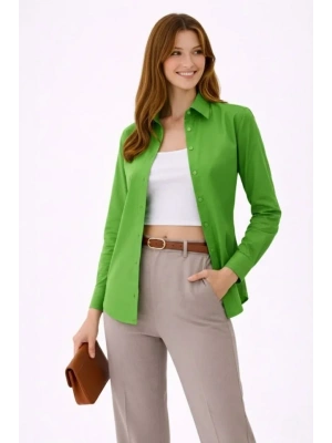 Uzun Kollu Gömlek Düğmeli Klasik Yaka Günlük Ve Ofis Şıklığına Uygun - Yeşil