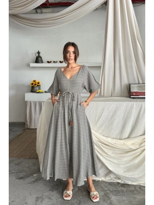V YAKA BEL BONCUK BAĞLAMALI MÜSLİN ELBİSE YIRTMAÇ DETAYLI - Gri