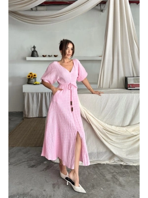 V YAKA BEL BONCUK BAĞLAMALI MÜSLİN ELBİSE YIRTMAÇ DETAYLI - Pembe
