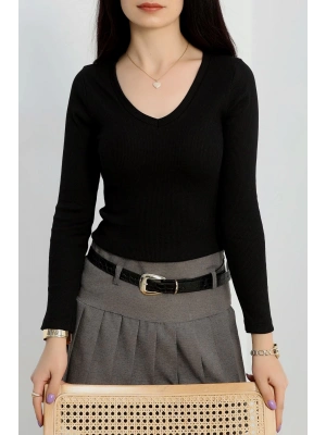 V yaka kaşkorse bluz siyah a3699
