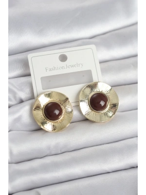 Vintage Model Kahverengi Gold Renk Pirinç Kadın Küpe