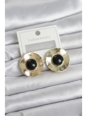Vintage Model Siyah Gold Renk Pirinç Kadın Küpe