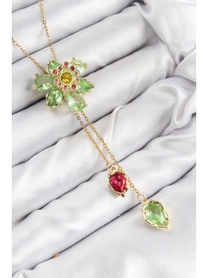 VIP Pirinç Zirkon Taşlı Çiçek Model Gold Renk Asansörlü Kadın Kolye