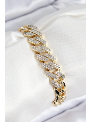 VIP Pirinç Zirkon Taşlı Cuba Model Gold Renk Kadın Bileklik