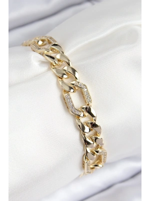 VIP Pirinç Zirkon Taşlı Parçalı Zincir Model Gold Renk Kadın Bileklik