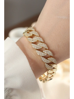 Vip Seri Pirinç Ortası Zirkon Taşlı Gold Renk Gurmet Bileklik