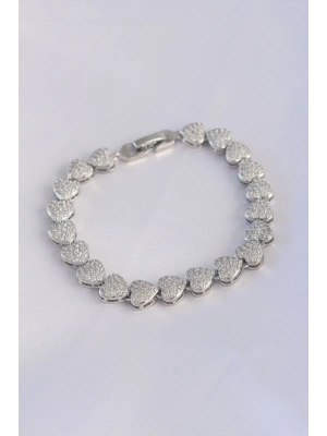 Vip Seri Pirinç Zirkon Taşlı Gümüş Renk Kalp Model Bileklik