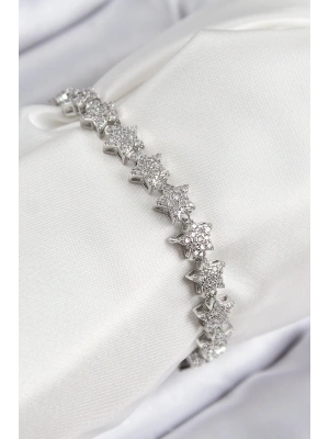 VIP Seri Pirinç Zirkon Taşlı Sıralı Yıldız Model Gümüş Renk Kadın Bileklik