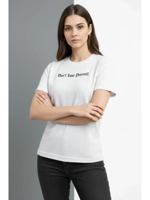 Wafıl Kumaş Tişört Regular Kalıp Bisiklet Yaka Baskılı Günlük Basic T-Shirt - Beyaz
