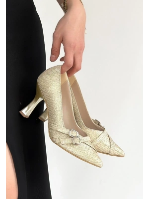 Wenda Gold Simli Cilt Topuklu Ayakkabı