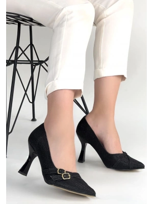 Wenda Siyah Simli Cilt Topuklu Ayakkabı