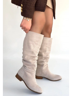 Winda Bej Süet Körüklü Topuklu Çizme