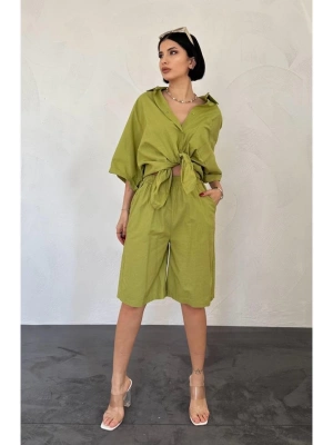 Yağ Yeşili Kısa Kollu Keten Gömlek Ve Şort Takım