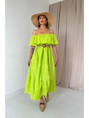 Yağ Yeşili Omzu Lastikli Brode Elbise
