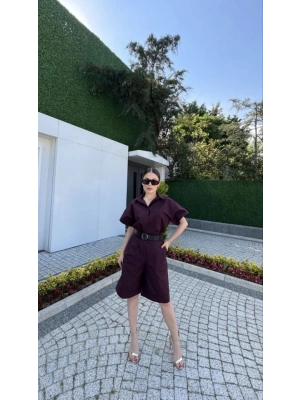 Yakalı Gömlek Kemerli Şortlu Takım - Bordo