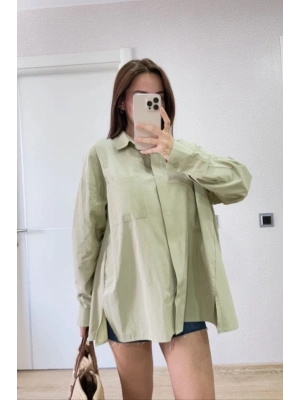 Yakalı Yandan Yırtmaçlı Gömlek - Yeşil