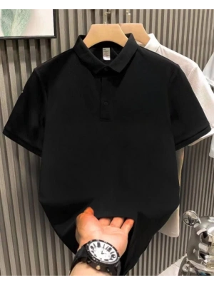 Yakası Düğmeli Yakalı Pike Düz T-Shirt - Siyah