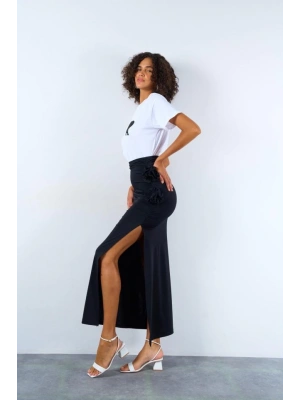 Yandan Büzgülü Güllü Etek - Siyah