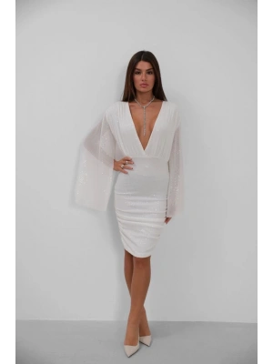 Yarasa Kol Kruvaze Sırt Dekolteli Pullu Elbise