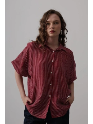 Yarım Balon Kol Çizgili Gömlek - Bordo
