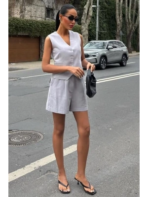 Yelek Şort Flamlı Keten Takım 10133-17