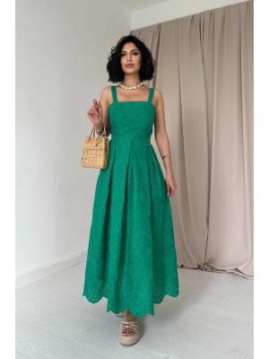 Yeşil Askılı Aparatlı Brode Elbise