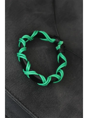 Yeşil İpli Siyah Renk Deri Erkek Bileklik