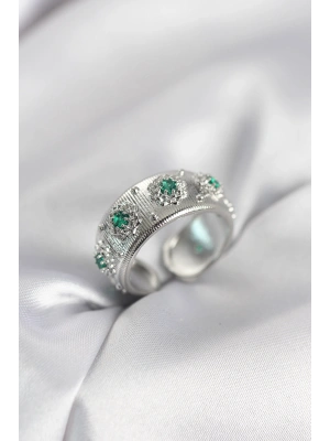 Yeşil Zirkon Taşlı Gümüş Renk Vintage Kadın Yüzük