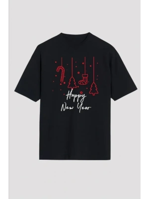 Yılbaşı Happy New Year Baskılı Kısa Kollu Oversize Bisiklet Yaka T-shirt - Siyah