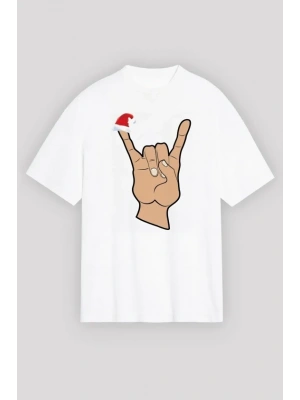 Yılbaşı Noel Başlıklı Serçe Parmak Baskılı Oversize Bisiklet Yaka T-shirt - Beyaz