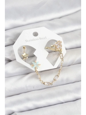 Yıldız Model Pirinç Gold Renk Zincir Bağlantılı Ear Cuff Küpe Seti
