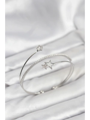 Yıldızlı Model Pirinç Gümüş Renk Kadın Bileklik