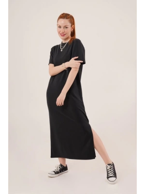 Yırtmaç Detaylı Kısa Kollu Salaş Maxi Siyah Elbise