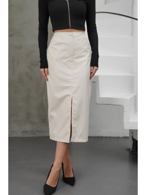 Yırtmaçlı uzun deri etek krem