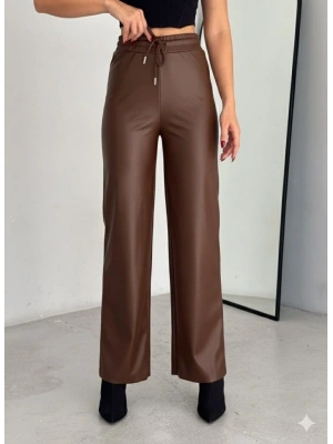 Yüksek Bel Geniş Paça Içi şardonlu Deri Pantolon.