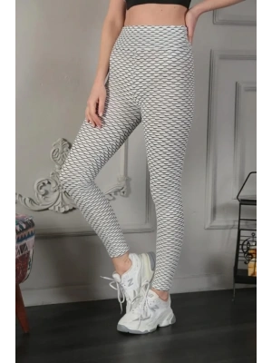 Yüksek Bel Toparlayıcı Likralı Büzgülü Tayt - Beyaz