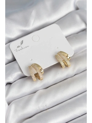 Zirkon Taşlı Gold Renk Kadın Küpe