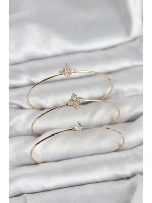 Zirkon Taşlı Gold Renk Yonca Model 3lü Kadın Bileklik Kombini