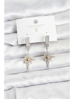 Zirkon Taşlı Gümüş Renk Pirinç Kutup Yıldızı Model Kadın Küpe