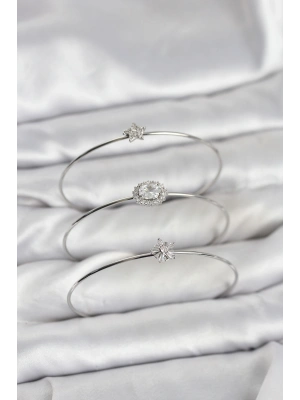 Zirkon Taşlı Gümüş Renk Tek Taş Model 3lü Kadın Bileklik Kombini